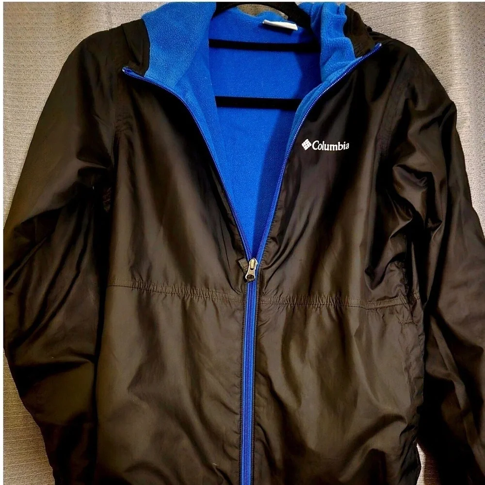 Columbia Kids Windbreaker Jacket Black Blue Fleece Lined Hooded‎ Size L 14/16